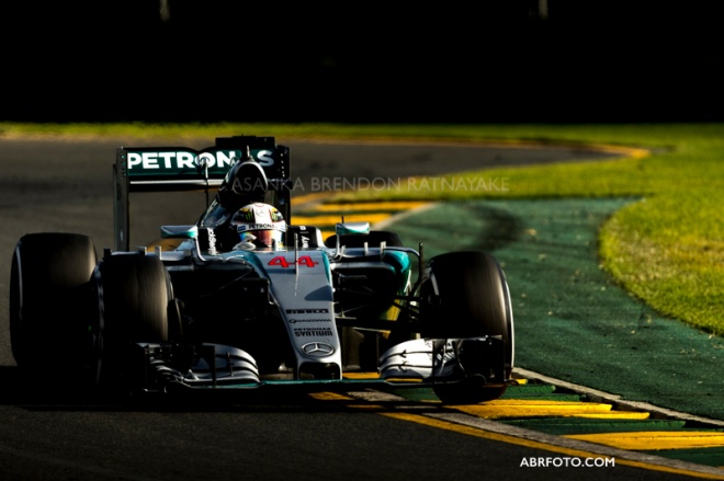 MELBOURNE , AUSTRALIA - MARCH 15 : Lewis Hamilton (GBR) #44 from the Mercedes AMG Petronas F1 Team  during the Rolex Australian Formula 1 Grand Prix race, Albert Park, Melbourne, Victoria Australia on March 15 2015. Asanka Brendon Ratnayake