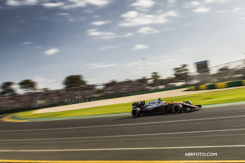 MELBOURNE , AUSTRALIA - MARCH 15 : Jenson Button (GBR) #22 from the McLaren Honda team during the Rolex Australian Formula 1 Grand Prix race, Albert Park, Melbourne, Victoria Australia on March 15 2015. Asanka Brendon Ratnayake