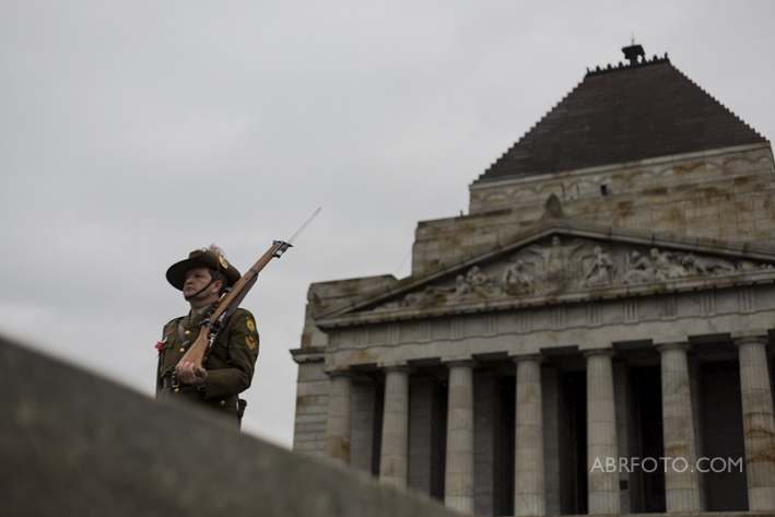 MELBOURNE , AUSTRALIA - APRIL 25 : A soldier holding a riffle in front of the Shrine during the Anzac Day parade. This years Anzac Day marks the centenary of the ANZAC landing by Australian and New Zealand forces during the First World War at Gallipoli. Melbourne, Victoria Australia on April 25 2015. Photo Asanka Brendon Ratnayake