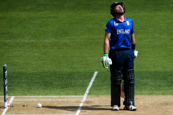 Ian Bell looks up in the sky after being bowled for 49 runs during the 2015 ICC Cricket World Cup Pool A group match between England Vs Sri Lanka at the Wellington Regional Stadium, Wellington, New Zealand. Photo Asanka Brendon Ratnayake